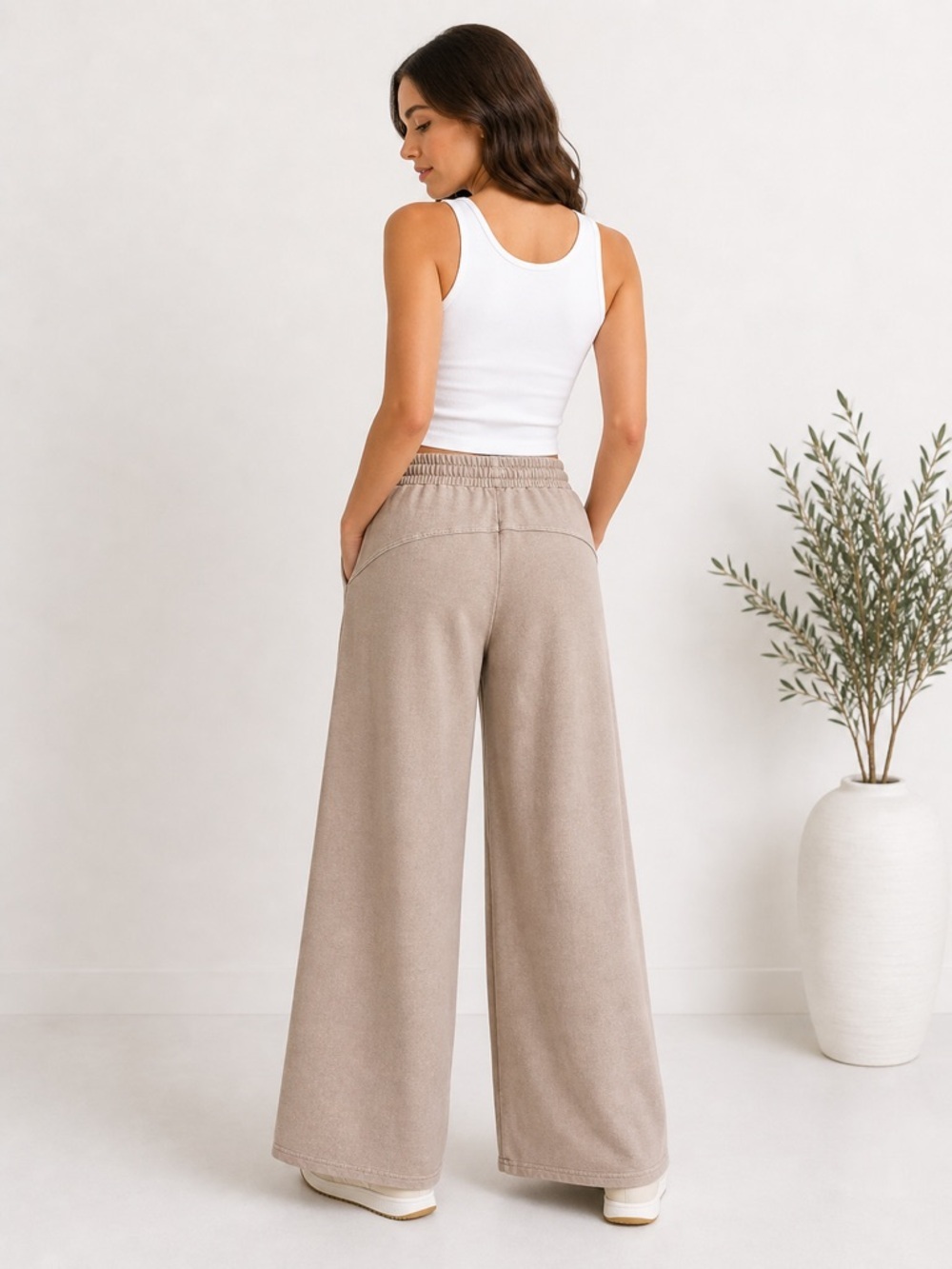 NEW Zenana Ash Mocha Acid Wash Wide Leg Sweatpants Size Large Cotton Relaxed - Picture 2 of 4